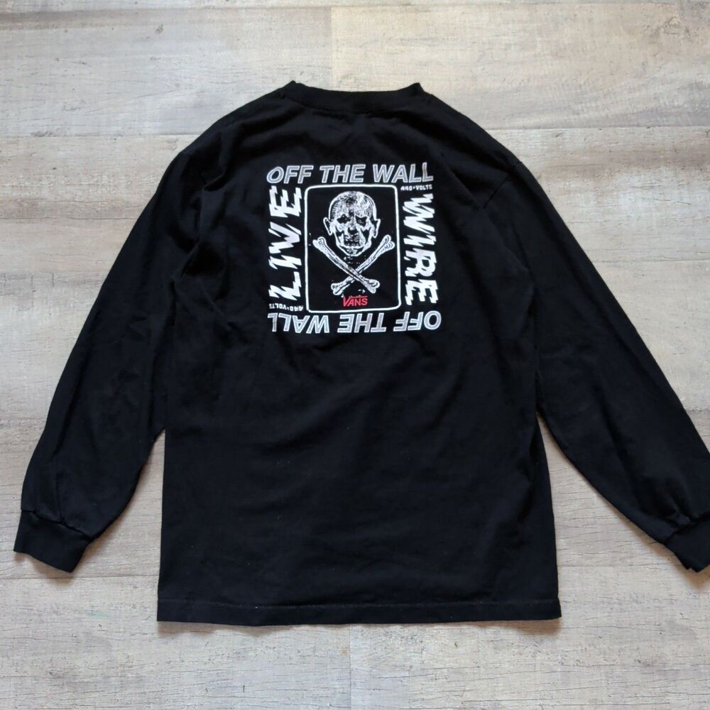 Vans Men's Black Live Wire Off The Wall Skull Crossbones Long Sleeve T-Shirt M